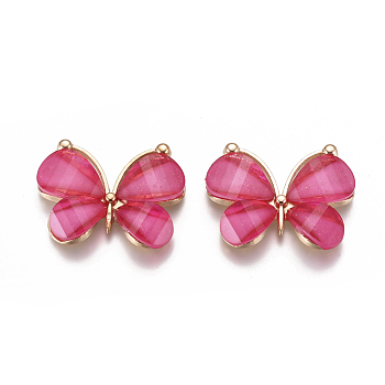 Alloy Pendants, with Resin, Faceted, Butterfly, Light Gold, Fuchsia, 21~22x28~29x4.5mm, Hole: 2.5mm.