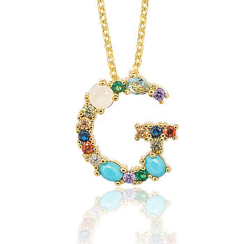 Golden Brass Micro Pave Cubic Zirconia Initial Pendants Necklaces, with Cable Chains, Colorful, Letter, Letter.G, 17.9~18.1 inch(45.5~46cm)x1.5mm, LetterG: 19x16.5x6mm