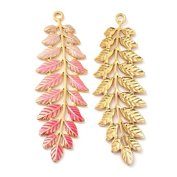 304 Stainless Steel Enamel Big Pendants, Real 18K Gold Plated, Leaf Charm, Pink, 60x20x2mm, Hole: 2.5mm