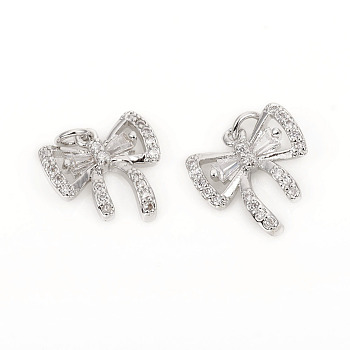 Brass Micro Pave Cubic Zirconia Charms, with Jump Rings, Bowknot, Clear, Platinum, 11.8x12x2.8mm, Jump Rings: 3.8x0.8mm, 2.4mm Inner Diameter