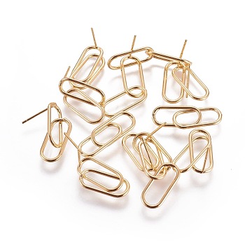 Brass Stud Earring Components, Nickel Free, Oval, Real 18K Gold Plated, 31x7.5mm, Pin: 0.6mm