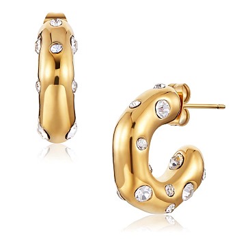 Cubic Zirconia C-shape Stud Earrings, Gold Plated 430 Stainless Steel Half Hoop Earrings for Women, Clear, 19x19x6mm