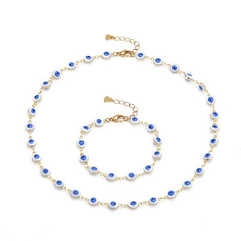 Brass Enamel Evil Eye Link Chain Bracelets & Necklaces Jewelry Sets, with 304 Stainless Steel Lobster Claw Clasps, Deep Sky Blue, Golden, 7-1/8 inch(18cm), 17.32 inch(44cm)