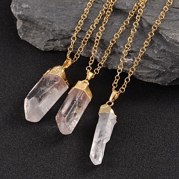 Natural Crystal Bullet Pendant Necklaces, with 304 Stainless Steel Rolo Chains, Golden, 18.11 inch(46cm), 3.5mm