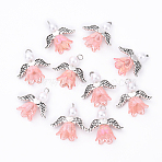 10Pcs Acrylic & Imitation Pearl Flower Angel Pendants, with Alloy Wings and Brass Findings, Antique Silver & Platinum, Pink, 20mm, Hole: 2.2mm, 10pcs/set(PALLOY-YW00055-07)