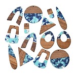 Walnut Wood & Transparent Resin Pendants, Mixed Shapes Charm, Sky Blue, 21~52.5x10.5~38.5x3~3.5mm, Hole: 2mm, about 14pcs/set(WD-CBA583A-08)