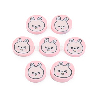 Handmade Polymer Clay Cabochons, Flat Round with Rabbit, Pink, 8.5~9.5x2mm, about 5000pcs/1000g(CLAY-N006-118)