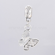 Antique Silver Plated Alloy European Dangle Charms, Large Hole Pendants, with Rhinestone, Butterfly, Crystal, 30.5mm, Hole: 5mm, Butterfly: 18x14x2mm(MPDL-L029-F01-AS)