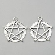 TIbetan Style Alloy Pendants, Flat Round with Star, Antique Silver, 30x27x2.5mm, Hole: 3mm(FIND-WH0110-305AS)