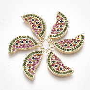 Brass Cubic Zirconia Pendants, Watermelon, Colorful, Real 18K Gold Plated, 17x7.5x2mm, Hole: 1.2mm(KK-S348-317)