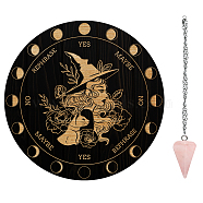 AHADEMAKER DIY Wiccan Altar Supplies Kits, with Cone Natural Rose Quartz Pendants, 304 Stainless Steel Cable Chain Necklaces and Wood Pendulum Board, Witch Pattern, 3pcs/set(AJEW-GA0004-66H)