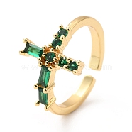Rhinestone Cross Open Cuff Ring, Real 18K Gold Plated Brass Jewelry for Women, Cadmium Free & Lead Free, Emerald, US Size 6 1/2(16.9mm)(RJEW-M142-07G)