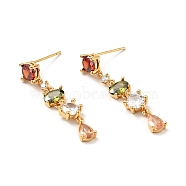 Colorful Cubic Zirconia Chain Dangle Stud Earrings, Brass Jewelry for Women, Cadmium Free & Nickel Free & Lead Free, Real 18K Gold Plated, 35mm, Pin: 0.7mm(X-EJEW-G297-10G)