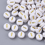 Plating Acrylic Beads, Golden Metal Enlaced, Horizontal Hole, Flat Round with Alphabet, White, Letter.I, 7x3.5mm, Hole: 1.2mm, about 3600pcs/500g(PACR-R242-01I)