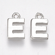 Brass Charms, Letter, Nickel Free, Real Platinum Plated, Letter.E, 8.5x5.5x1.5mm, Hole: 0.8mm(KK-S350-167E-P)