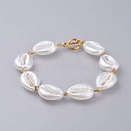 Acrylic Imitated Pearl Bracelets, with 304 Stainless Steel Findings and Alloy Toggle Clasps, Cowrie Shell Shape, Golden, White, 7-7/8 inch(20cm)(BJEW-JB04580)