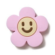 Silicone Beads, Flower with Smiling Face, Silicone Teething Beads, Pink, 30x31x8.5mm, Hole: 3mm(SIL-R145-02G)