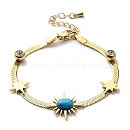 Synthetic Turquoise Star & Rhinestone Round Link Bracelet with Herringbone Chains, Ion Plating(IP) 304 Stainless Steel Bracelet, Golden, 6-1/4 inch(15.8cm)(NJEW-C012-03G)