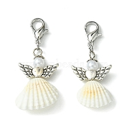 Angel Shell Pendant Decorations, with Alloy Lobster Claw Clasps, Antique Silver & Platinum, 49~52mm(HJEW-JM01751-02)