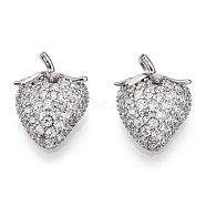 Rhodium Plated 925 Sterling Silver Micro Pave Cubic Zirconia Charms, with S925 Stamp, Strawberry Charms, Nickel Free, Real Platinum Plated, 12x9.5x6mm, Hole: 1.4mm(STER-T004-60P)