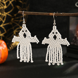 White Ghost Pattern Glass Bead Tassel Earrings for Halloween Style, Platinum, 68x37mm(WX3074)