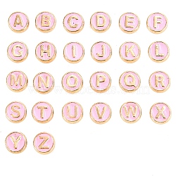 Alloy Enamel Beads, Flat Round with Letter, Light Gold, Pink, 8x3.5mm, Hole: 1.4mm, 100pcs/bag(ENAM-CJC0008-02G)