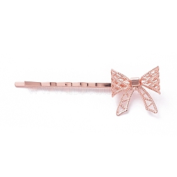 Iron Hair Bobby Pins, with Brass Findings, Bowknot, Long-Lasting Plated, Rose Gold, 62x11mm, Bowknot: 20x20mm(IFIN-L035-06RG)