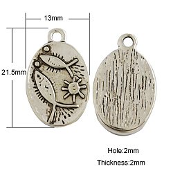 Tibetan Style Pendants, Oval with Fish and Sun, Cadmium Free & Nickel Free & Lead Free, Antique Silver, 21.5x13x2mm, Hole: 2mm(TIBEP-GC023-AS-NR)