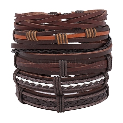 6Pcs 6 Style Adjustable Braided Imitation Leather Cord Bracelet Set, Waxed Cord & Hemp Cord Stackable Bracelets for Men, Coconut Brown, Inner Diameter: 2~3-1/8 inch(5~7.8cm), 1Pc/style(BJEW-F458-09)