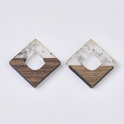 Transparent Resin & Walnut Wood Pendants, with Silver Foil, Waxed, Rhombus, Silver, 27.5x27.5x3~4mm, Hole: 2mm(RESI-S367-15-A02)