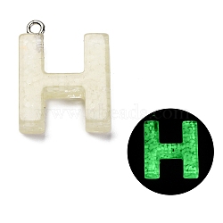 Luminous Resin Pendants, Glow in the Dark, with Platinum Plated Loop, Letter, Letter H, 23.5x18x5.5mm, Hole: 1.8mm(RESI-I059-H02)