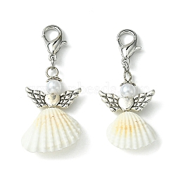 Angel Shell Pendant Decorations, with Alloy Lobster Claw Clasps, Antique Silver & Platinum, 49~52mm(HJEW-JM01751-02)