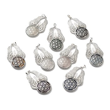Natural & Synthetic Mixed Stone Big Pendants, Flat Round with Wing Charms, with Rack Plating Platinum Tone Brass Findings, Cadmium Free & Lead Free, 61.5x37x5.5mm, Hole: 8x5mm