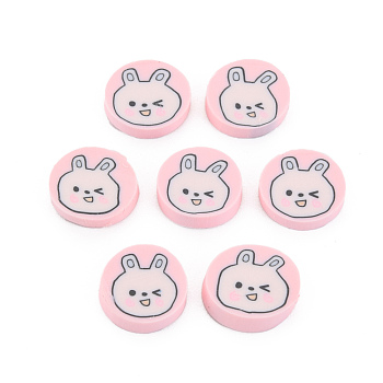 Handmade Polymer Clay Cabochons, Flat Round with Rabbit, Pink, 8.5~9.5x2mm, about 5000pcs/1000g