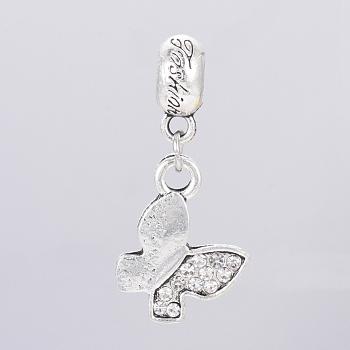 Antique Silver Plated Alloy European Dangle Charms, Large Hole Pendants, with Rhinestone, Butterfly, Crystal, 30.5mm, Hole: 5mm, Butterfly: 18x14x2mm