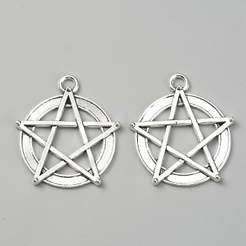 TIbetan Style Alloy Pendants, Flat Round with Star, Antique Silver, 30x27x2.5mm, Hole: 3mm