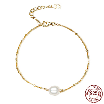 925 Sterling Silver Shell Pearl Link Bracelets, with  Satellite Chains, Real 18K Gold Plated, 6-3/4 inch(17cm)