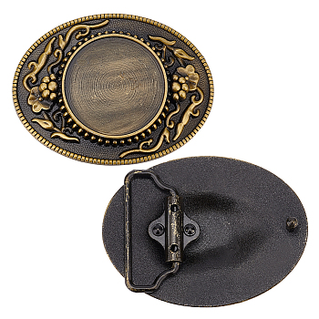 Alloy Oval Belt Buckles, Belt Fastener, Flower Pattern, Antique Bronze, 62x82x7.5~12mm, Tray: 40mm