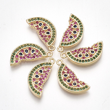 Brass Cubic Zirconia Pendants, Watermelon, Colorful, Real 18K Gold Plated, 17x7.5x2mm, Hole: 1.2mm