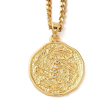 Brass Clear Cubic Zirconia Curb Chain Constellation Pendant Medal Necklaces for Women,  Real 18K Gold Plated, Pisces, 17.52~17.72 inch(44.5~45cm), pendant: 23.5x21.5x2mm