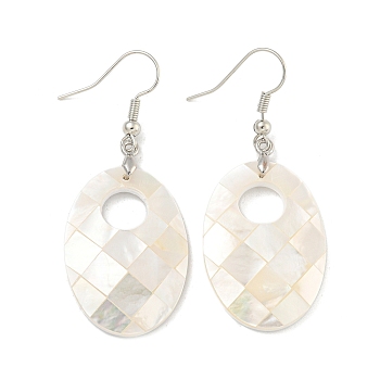 Rack Plating Brass Natural White Shell Dangle Earrings, Platinum, Creamy White, Oval, 51x21mm