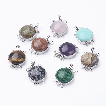 Natural/Synthetic Mixed Stone Box Clasps, with Brass Finding, Flat Round, Platinum, 26.5x17.5x8~9mm, Hole: 1mm