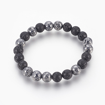 Natural Lava Rock Beaded Stretch Bracelet, with Electroplated Lava Rock Beads, Round, Gunmetal Plated, 2-1/8 inch(5.3cm)