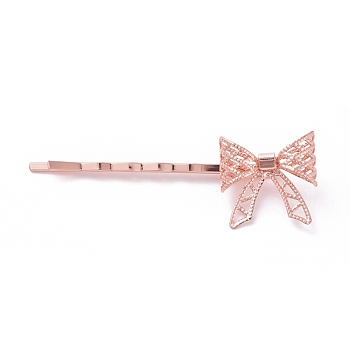 Iron Hair Bobby Pins, with Brass Findings, Bowknot, Long-Lasting Plated, Rose Gold, 62x11mm, Bowknot: 20x20mm