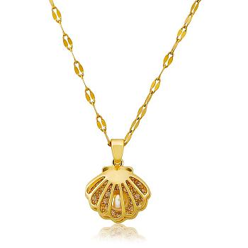 Seashell Pearl Necklace Clear Cubic Zirconia Shell Cage Dangle Necklace Summer Scallop Choker Charm Titanium Steel Jewelry for Women Beach, Golden, 15.75 inch(40cm)