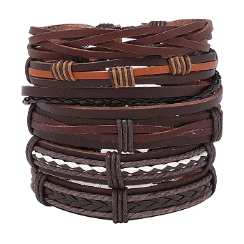 6Pcs 6 Style Adjustable Braided Imitation Leather Cord Bracelet Set, Waxed Cord & Hemp Cord Stackable Bracelets for Men, Coconut Brown, Inner Diameter: 2~3-1/8 inch(5~7.8cm), 1Pc/style