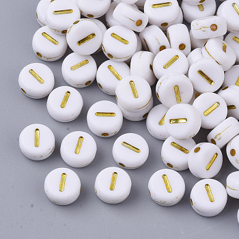 Plating Acrylic Beads, Golden Metal Enlaced, Horizontal Hole, Flat Round with Alphabet, White, Letter.I, 7x3.5mm, Hole: 1.2mm, about 3600pcs/500g