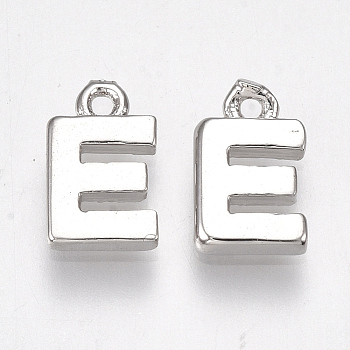 Brass Charms, Letter, Nickel Free, Real Platinum Plated, Letter.E, 8.5x5.5x1.5mm, Hole: 0.8mm