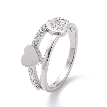 Crystal Rhinestone Heart Finger Ring, 304 Stainless Steel Jewelry for Women, Stainless Steel Color, US Size 7(17.3mm)