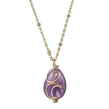 Natural Amethyst with Brass Pendants Necklaces, Teardrop, 18.11 inch(46cm)